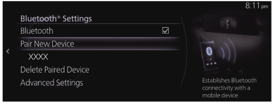 Mazda Connect Bluetooth settings screen with Pair New Device selected